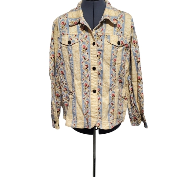 Denim & Co Floral Striped Denim Jacket Yellow Size Large * - Picture 1 of 5